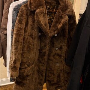 Vintage Women's Brown Faux Fur Double-Breasted Teddy Coat
